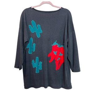 Southwestern Cactus Chili Pepper Tunic Artsy 90s Applique Gray Oversized L/XL
